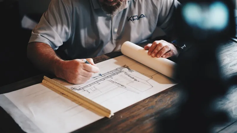 Builder reviewing construction plans and drawings at a desk